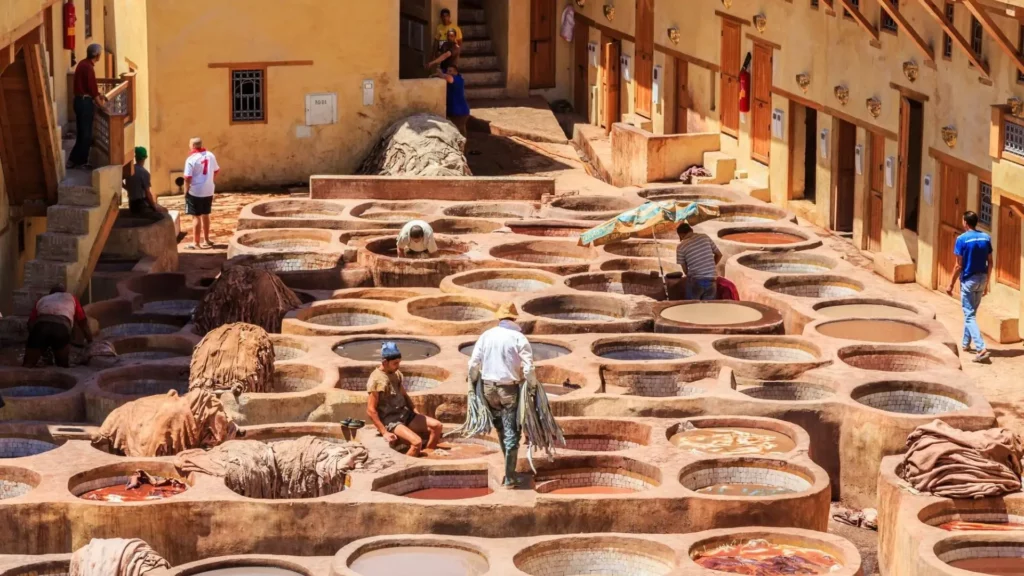 Bassins de tannage traditionnel avec pigments naturels et cuirs séchant au soleil