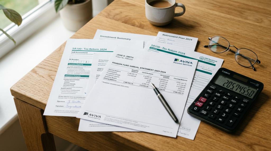 Documents fiscaux et calculatrice illustrant les économies d'impôts sur pension retraite